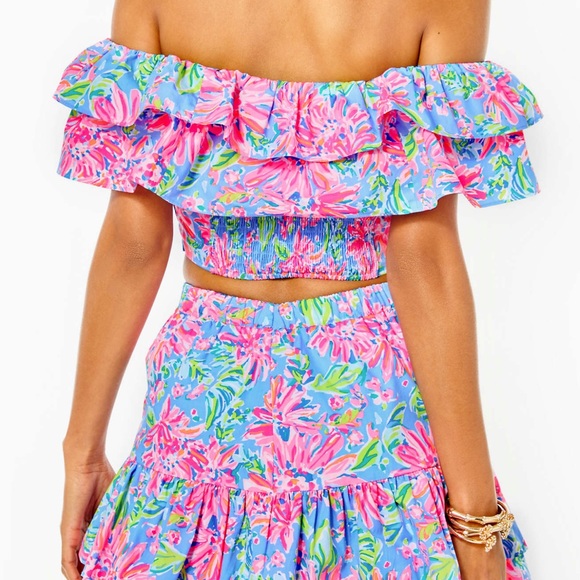 Lilly Pulitzer Mayslie Ruffle Top Mini Skirt Set Blue Peri Sunrise Bay 10, 12 - Picture 11 of 13